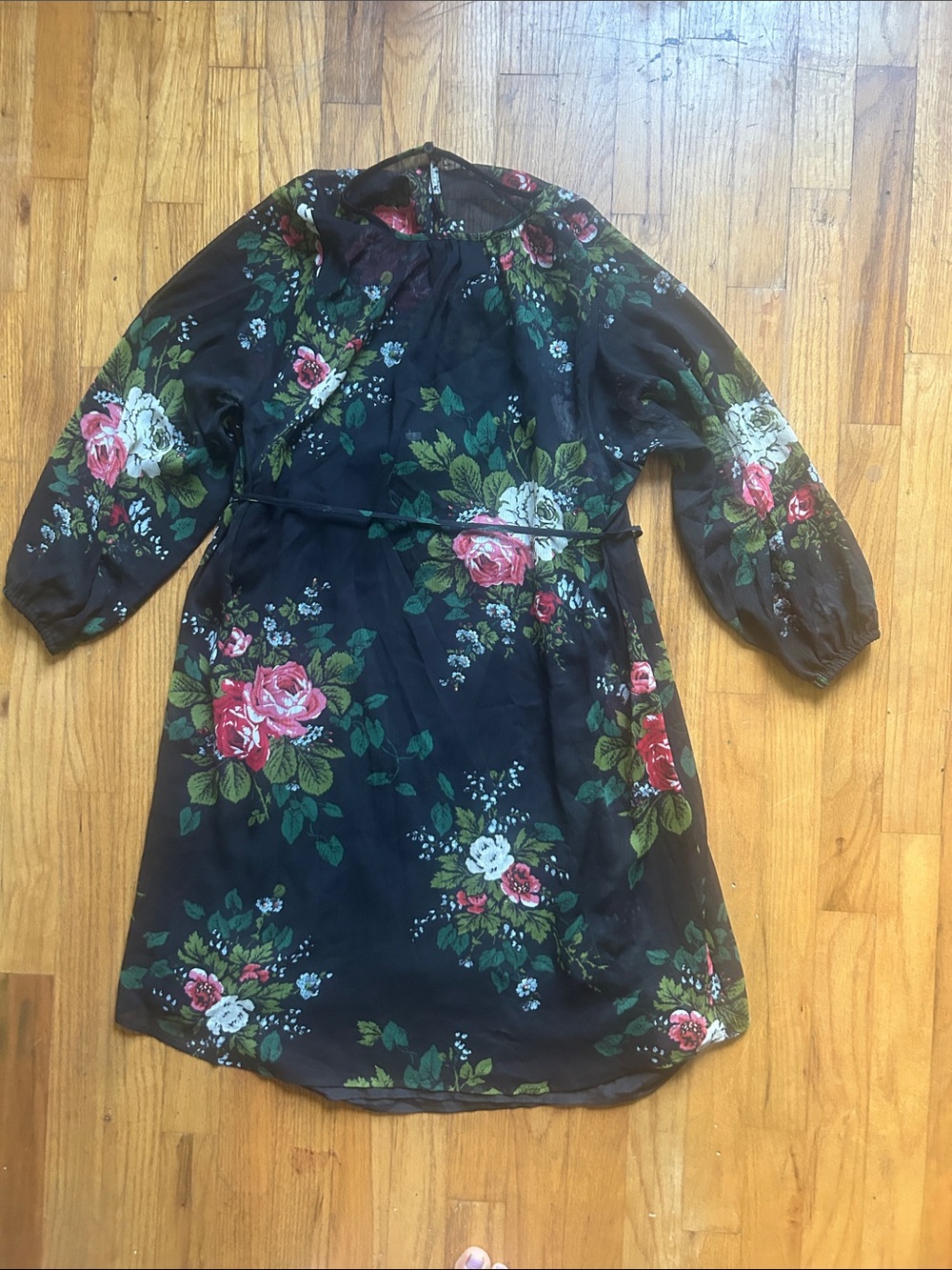 LOFT Black Floral High-Neck Puff-Sleeve Dress